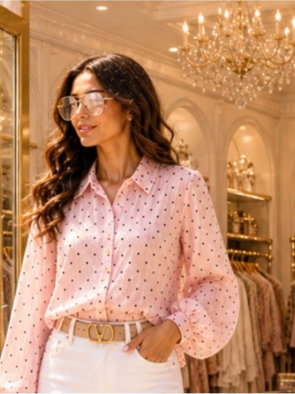 Polka Dot Pink Button-Up Blouse by